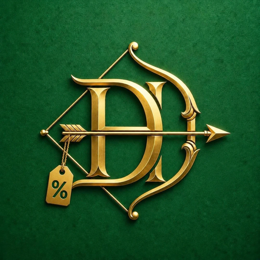 Deal Hunter Logo: goldenes DH-Monogramm mit Bogen, Pfeil und Prozent-Anhänger auf Grün